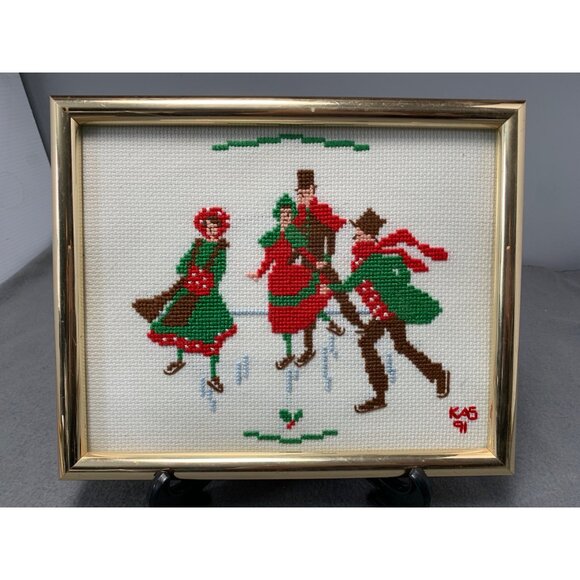 Vintage Framed Cross-Stitch Victorian Ice Skating Scene Signed KAB 1991 - Picture 8 of 9